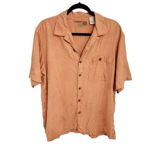Caribbean orange short sleeve button up tropical island shirt L